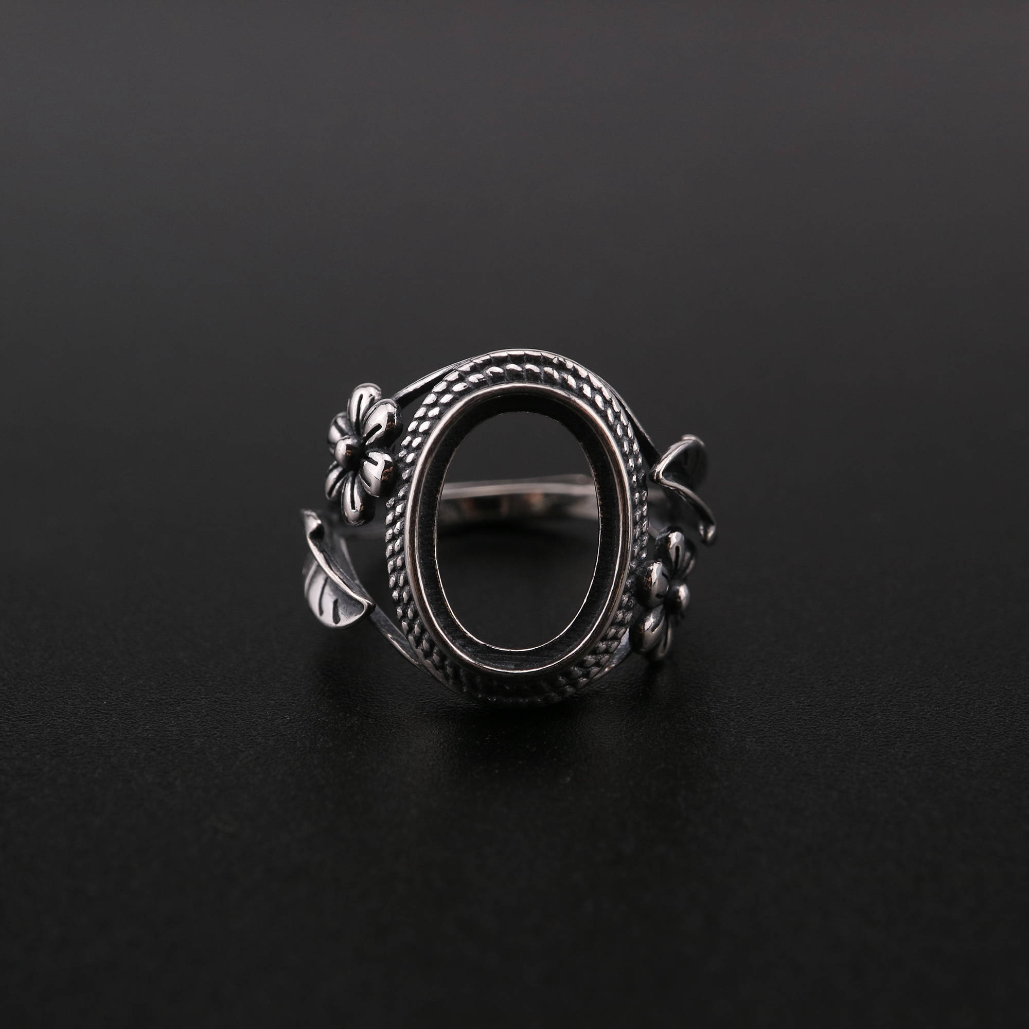 1Pcs 10x14MM Vintage Style Antiqued Solid 925 Sterling Silver Oval Bezel Flower Adjustable Ring Settings for Cabochon Stone 1223103 - Click Image to Close